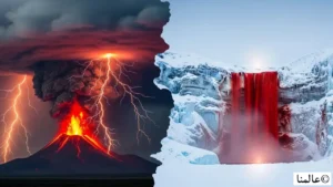 البرق البركاني، إحدى أغرب حقائق الظواهر الطبيعية، يضيء سحابة رماد كثيفة فوق بركان ثائر.