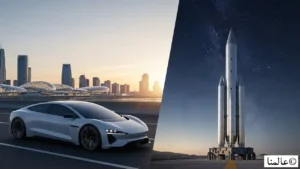 رسم توضيحي يظهر شركات إيلون ماسك تيسلا وسبيس إكس مترابطة