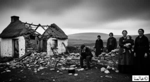 رسم تعبيري يوضح هدم المنازل وتشريد الفلاحين أثناء مجاعة البطاطس في أيرلندا بسبب قانون الفقراء