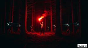 حياة على كواكب أخرى - لماذا يصمت الكون؟ (النظرية المرعبة) 2 رسم تخيلي يوضح نظرية الغابة المظلمة حيث يختبئ صياد مسلح في الظلام خوفاً من كشف موقعه لحضارات أخرى في الكون